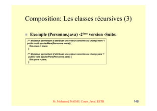 Composition: Les classes récursives (3)

  Exemple (Personne.java) -2ème version -Suite:
/** Mutateur permettant d’attribuer une valeur concrète au champ mere */
public void ajouterMere(Personne mere) {
   this.mere = mere;
 }

/** Mutateur permettant d’attribuer une valeur concrète au champ pere */
 public void ajouterPere(Personne pere) {
   this.pere = pere;
 }




                       Pr. Mohamed NAIMI | Cours_Java | ESTB               146
 