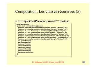 Composition: Les classes récursives (5)

  Exemple (TestPersonne.java) -2ème version:
class TestPersonne {
  public static void main(String[ ] args) {
    Personne ww = new Personne(new NomComplet("William", "Windsor"), 'H');
    Personne cw = new Personne(new NomComplet("Charles", "Windsor"), 'H');
    Personne ds = new Personne(new NomComplet("Diana", "Spencer"), 'F');
    Personne es = new Personne(new NomComplet("Edward", "Spencer"), 'H');
    Personne ew = new Personne(new NomComplet("Elizabeth", "Windsor"), 'F');
    Personne pm = new Personne(new NomComplet("Philip", "Mountbatten"), 'H');
    Personne eb = new Personne(new NomComplet("Elizabeth", "Bowes-Lyon"), 'F');
    Personne gw = new Personne(new NomComplet("George", "Windsor"), 'H');
    ww.ajouterPere(cw);
    ww.ajouterMere(ds);
    ds.ajouterPere(es);
    cw.ajouterMere(ew);
    cw.ajouterPere(pm);
    ew.ajouterMere(eb);
    ew.ajouterPere(gw);
    System.out.println(ww);
  }
}



                      Pr. Mohamed NAIMI | Cours_Java | ESTB                       148
 