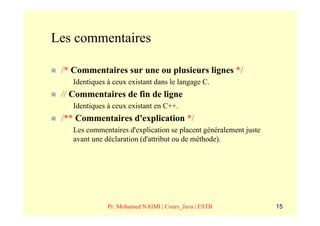 Les commentaires

 /* Commentaires sur une ou plusieurs lignes */
  –   Identiques à ceux existant dans le langage C.
 // Commentaires de fin de ligne
  –   Identiques à ceux existant en C++.
 /** Commentaires d'explication */
  –   Les commentaires d'explication se placent généralement juste
      avant une déclaration (d'attribut ou de méthode).




                 Pr. Mohamed NAIMI | Cours_Java | ESTB               15
 
