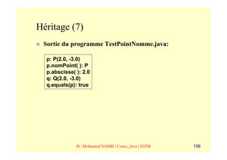 Héritage (7)
 Sortie du programme TestPointNomme.java:

  p: P(2.0, -3.0)
  p.nomPoint( ): P
  p.abscisse( ): 2.0
  q: Q(2.0, -3.0)
  q.equals(p): true




              Pr. Mohamed NAIMI | Cours_Java | ESTB   156
 