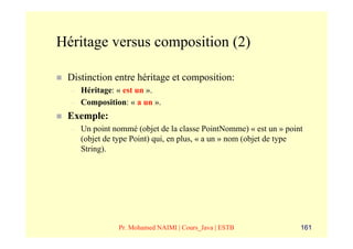 Héritage versus composition (2)

 Distinction entre héritage et composition:
  –   Héritage: « est un ».
  –   Composition: « a un ».
 Exemple:
  –   Un point nommé (objet de la classe PointNomme) « est un » point
      (objet de type Point) qui, en plus, « a un » nom (objet de type
      String).




                Pr. Mohamed NAIMI | Cours_Java | ESTB               161
 
