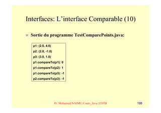 Interfaces: L’interface Comparable (10)

 Sortie du programme TestComparePoints.java:

  p1: (2.0, 4.0)
  p2: (2.0, -1.0)
  p3: (3.0, 1.0)
  p1.compareTo(p1): 0
  p1.compareTo(p2): 1
  p1.compareTo(p3): -1
  p2.compareTo(p3): -1




                    Pr. Mohamed NAIMI | Cours_Java | ESTB   198
 
