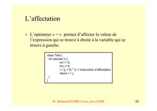 L’affectation

 L’opérateur « = » permet d’affecter la valeur de
 l’expression qui se trouve à droite à la variable qui se
 trouve à gauche.

          class Test {
            int calculer () {
                     int i = 0;
                     int j = 6;
                     i = (j + 5) * 3; // Instruction d’affectation
                     return i + j;
            }
          }




               Pr. Mohamed NAIMI | Cours_Java | ESTB                 20
 