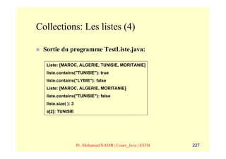 Collections: Les listes (4)

 Sortie du programme TestListe.java:

  Liste: [MAROC, ALGERIE, TUNISIE, MORITANIE]
  liste.contains("TUNISIE"): true
  liste.contains("LYBIE"): false
  Liste: [MAROC, ALGERIE, MORITANIE]
  liste.contains("TUNISIE"): false
  liste.size( ): 3
  a[2]: TUNISIE




                     Pr. Mohamed NAIMI | Cours_Java | ESTB   227
 