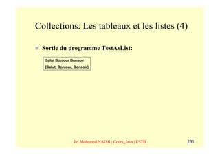 Collections: Les tableaux et les listes (4)

 Sortie du programme TestAsList:
  Salut Bonjour Bonsoir
  [Salut, Bonjour, Bonsoir]




                  Pr. Mohamed NAIMI | Cours_Java | ESTB   231
 