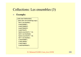 Collections: Les ensembles (3)
  Exemple:
   public class TestEnsemble {
    public static void main(String[ ] args) {
       Set A = new HashSet( );
       A.add("SUISSE");
       A.add("CANADA");
       A.add("FRANCE");
       A.add("ITALIE");
       System.out.println("A: " + A);
       Set B = new HashSet(A);
       System.out.println("B: " + B);
       Set C = new HashSet( );
       C.add("SUISSE");
       C.add("JAPAN");
       C.add("CHINE");
       C.add("AUSTRALIE");
   …



                          Pr. Mohamed NAIMI | Cours_Java | ESTB   234
 