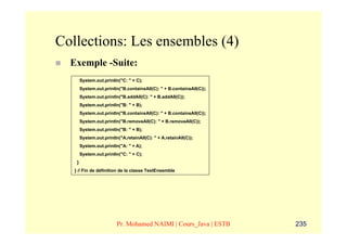 Collections: Les ensembles (4)
  Exemple -Suite:
        System.out.println("C: " + C);
        System.out.println("B.containsAll(C): " + B.containsAll(C));
        System.out.println("B.addAll(C): " + B.addAll(C));
        System.out.println("B: " + B);
        System.out.println("B.containsAll(C): " + B.containsAll(C));
        System.out.println("B.removeAll(C): " + B.removeAll(C));
        System.out.println("B: " + B);
        System.out.println("A.retainAll(C): " + A.retainAll(C));
        System.out.println("A: " + A);
        System.out.println("C: " + C);
    }
   } // Fin de définition de la classe TestEnsemble




                          Pr. Mohamed NAIMI | Cours_Java | ESTB        235
 