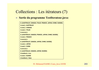 Collections : Les itérateurs (7)
 Sortie du programme TestIterateur.java:
  A: [AUSTRALIE, CANADA, ITALIE, FRANCE, JAPAN, CHINE, SUISSE]
  it.next( ): AUSTRALIE
  it.next( ): CANADA
  it.next( ): ITALIE
  it.remove( ):
  A: [AUSTRALIE, CANADA, FRANCE, JAPAN, CHINE, SUISSE]
  it.next( ): FRANCE
  it.remove( ):
  A: [AUSTRALIE, CANADA, JAPAN, CHINE, SUISSE]
  it.next( ): JAPAN
  it.next( ): CHINE
  it.remove( ):
  A: [AUSTRALIE, CANADA, JAPAN, SUISSE]
  it.hasNext( ): true
  it.next( ): SUISSE
  it.hasNext( ): false



                         Pr. Mohamed NAIMI | Cours_Java | ESTB   243
 
