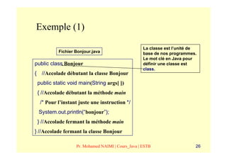Exemple (1)

                                                   La classe est l’unité de
          Fichier Bonjour.java                     base de nos programmes.
                                                   Le mot clé en Java pour
public class Bonjour                               définir une classe est
                                                   class.
{ //Accolade débutant la classe Bonjour
 public static void main(String args[ ])
 { //Accolade débutant la méthode main
  /* Pour l’instant juste une instruction */
 System.out.println(“bonjour”);
 } //Accolade fermant la méthode main
} //Accolade fermant la classe Bonjour

                  Pr. Mohamed NAIMI | Cours_Java | ESTB                   26
 
