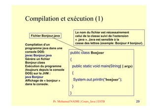 Compilation et exécution (1)
                                       Le nom du fichier est nécessairement
   Fichier Bonjour.java                celui de la classe suivi de l’extension
                                       « .java ». Java est sensible à la
Compilation d’un                       casse des lettres (exemple: Bonjour ≠ bonjour).
programme java dans une
console DOS:                   public class Bonjour
javac Bonjour.java
Génère un fichier              {
Bonjour.class
Exécution du programme             public static void main(String[ ] args)
(toujours depuis la console
DOS) sur la JVM :                  {
java Bonjour
Affichage de « bonjour »           System.out.println(“bonjour”);
dans la console.
                                   }
                               }

                   Pr. Mohamed NAIMI | Cours_Java | ESTB                         29
 