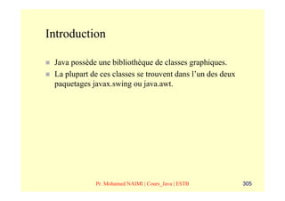 Introduction

 Java possède une bibliothèque de classes graphiques.
 La plupart de ces classes se trouvent dans l’un des deux
 paquetages javax.swing ou java.awt.




             Pr. Mohamed NAIMI | Cours_Java | ESTB          305
 