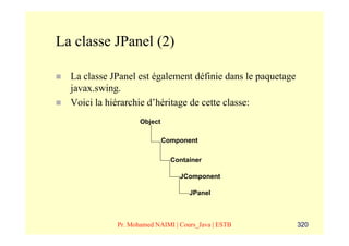 La classe JPanel (2)

  La classe JPanel est également définie dans le paquetage
  javax.swing.
  Voici la hiérarchie d’héritage de cette classe:
                    Object

                             Component

                               Container

                                 JComponent

                                    JPanel



             Pr. Mohamed NAIMI | Cours_Java | ESTB           320
 