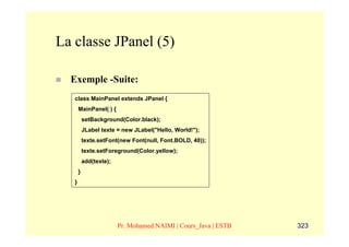 La classe JPanel (5)

  Exemple -Suite:
   class MainPanel extends JPanel {
       MainPanel( ) {
           setBackground(Color.black);
           JLabel texte = new JLabel("Hello, World!");
           texte.setFont(new Font(null, Font.BOLD, 40));
           texte.setForeground(Color.yellow);
           add(texte);
       }
   }




                         Pr. Mohamed NAIMI | Cours_Java | ESTB   323
 