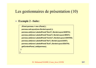Les gestionnaires de présentation (10)

 Exemple 2 –Suite:
          JPanel panneau = new JPanel( );
          panneau.setLayout(new BorderLayout( ));
          panneau.add(new LabeledPanel("Nord"), BorderLayout.NORTH);
          panneau.add(new LabeledPanel("Ouest"), BorderLayout.WEST);
          panneau.add(new LabeledPanel("Centre"), BorderLayout.CENTER);
          panneau.add(new LabeledPanel("Est"), BorderLayout.EAST);
          panneau.add(new LabeledPanel("Sud"), BorderLayout.SOUTH);
          getContentPane( ).add(panneau);
      }
  }




                       Pr. Mohamed NAIMI | Cours_Java | ESTB              341
 