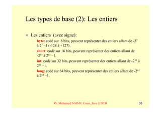 Les types de base (2): Les entiers

 Les entiers (avec signe):
  –   byte: codé sur 8 bits, peuvent représenter des entiers allant de -27
      à 27 –1 (-128 à +127).
  –   short: codé sur 16 bits, peuvent représenter des entiers allant de
      -215 à 215 –1.
  –   int: codé sur 32 bits, peuvent représenter des entiers allant de -231 à
      231 –1.
  –   long: codé sur 64 bits, peuvent représenter des entiers allant de -263
      à 263 –1.




                 Pr. Mohamed NAIMI | Cours_Java | ESTB                      35
 