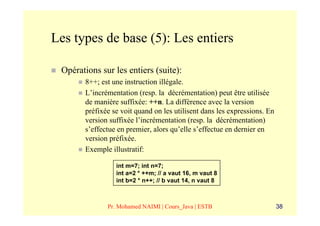 Les types de base (5): Les entiers

 Opérations sur les entiers (suite):
       8++; est une instruction illégale.
       L’incrémentation (resp. la décrémentation) peut être utilisée
       de manière suffixée: ++n. La différence avec la version
       préfixée se voit quand on les utilisent dans les expressions. En
       version suffixée l’incrémentation (resp. la décrémentation)
       s’effectue en premier, alors qu’elle s’effectue en dernier en
       version préfixée.
       Exemple illustratif:

                 int m=7; int n=7;
                 int a=2 * ++m; // a vaut 16, m vaut 8
                 int b=2 * n++; // b vaut 14, n vaut 8



              Pr. Mohamed NAIMI | Cours_Java | ESTB                       38
 