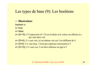 Les types de base (9): Les booléens

   Illustration:
boolean x;
x= true;
x= false;
x= (5==5); // l’expression (5==5) est évaluée et la valeur est affectée à x
               qui vaut alors vrai
x= (5!=4); // x vaut vrai, ici on obtient vrai car 5 est différent de 4
x= (5>5); // x vaut faux, 5 n'est pas supérieur strictement à 5
x= (5<=5); // x vaut vrai, 5 est bien inférieur ou égal à 5




                   Pr. Mohamed NAIMI | Cours_Java | ESTB                      42
 
