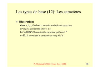 Les types de base (12): Les caractères

 Illustration:
  char a,b,c; // a,b et c sont des variables de type char
  a='a'; // a contient la lettre « a »
  b= 'u0022' // b contient le caractère guillemet "
  c=97; // c contient le caractère de rang 97: 'a'




                Pr. Mohamed NAIMI | Cours_Java | ESTB       45
 