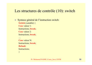 Les structures de contrôle (10): switch

 Syntaxe général de l’instruction switch:
  Switch (variable) {
  Case valeur 1:
  Instructions; break;
  Case valeur 2:
  Instructions; break;
  …
  Case valeur N:
  Instructions; break;
  Default:
  Instructions;
  }


                Pr. Mohamed NAIMI | Cours_Java | ESTB   56
 