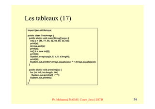 Les tableaux (17)
 import java.util.Arrays;

 public class TestArrays {
  public static void main(String[] args) {
    int[] a = {44, 77, 55, 22, 99, 88, 33, 66};
    print(a);
    Arrays.sort(a);
    print(a);
    int[] b = new int[8];
    print(b);
    System.arraycopy(a, 0, b, 0, a.length);
    print(b);
    System.out.println("Arrays.equals(a,b): " + Arrays.equals(a,b));
  }

     public static void print(int[] a) {
       for (int i=0; i<a.length; i++)
        System.out.print(a[i] + " ");
       System.out.println();
     }
 }




                             Pr. Mohamed NAIMI | Cours_Java | ESTB     74
 