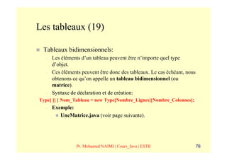 Les tableaux (19)

 Tableaux bidimensionnels:
  –   Les éléments d’un tableau peuvent être n’importe quel type
      d’objet.
  –   Ces éléments peuvent être donc des tableaux. Le cas échéant, nous
      obtenons ce qu’on appelle un tableau bidimensionnel (ou
      matrice).
  –   Syntaxe de déclaration et de création:
Type[ ][ ] Nom_Tableau = new Type[Nombre_Lignes][Nombre_Colonnes];
  –   Exemple:
         UneMatrice.java (voir page suivante).




                 Pr. Mohamed NAIMI | Cours_Java | ESTB                    76
 