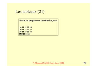 Les tableaux (21)
  Sortie du programme UneMatrice.java:


  10 11 12 13 14
  20 21 22 23 24
  30 31 32 33 34
  M[2][4] = 34




                   Pr. Mohamed NAIMI | Cours_Java | ESTB   78
 