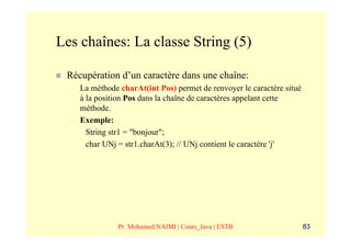 Les chaînes: La classe String (5)

 Récupération d’un caractère dans une chaîne:
  –   La méthode charAt(int Pos) permet de renvoyer le caractère situé
      à la position Pos dans la chaîne de caractères appelant cette
      méthode.
  –   Exemple:
        String str1 = "bonjour";
        char UNj = str1.charAt(3); // UNj contient le caractère 'j'




                 Pr. Mohamed NAIMI | Cours_Java | ESTB                   83
 