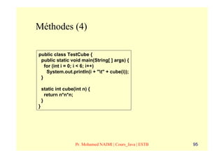 Méthodes (4)

public class TestCube {
 public static void main(String[ ] args) {
   for (int i = 0; i < 6; i++)
    System.out.println(i + "t" + cube(i));
 }

    static int cube(int n) {
      return n*n*n;
    }
}




                    Pr. Mohamed NAIMI | Cours_Java | ESTB   95
 