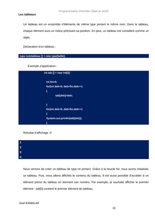 Programmation Orientée Objet et JAVA
Les tableaux


    Un tableau est un ensemble d’éléments de même type portant le même nom. Dans le tableau,

    chaque élément aura un indice précisant sa position. En java, un tableau est considéré comme un

    objet.


    Déclaration d’un tableau :


type nomtableau [] = new type[taille];


       Exemple d’application :

                     int tab [] = new int[5];


                      int fin=5;
                      for(int deb=0; deb<fin;deb++)
                      {
                               tab[deb]=deb;


                      }
                      for(int deb=0; deb<fin;deb++)
                      {
                      System.out.println(tab[deb]);
                      }


    Résultat d’affichage :0


1
2
3
4



    Nous venons de créer un tableau de type int (entier). Grâce à la boucle for, nous avons initialisés

    ce tableau. Puis, nous allons affichés le contenu du tableau. Il est aussi possible d’accéder à un

    élément précis du tableau en donnant son numéro. Par exemple, je souhaite afficher le premier

    élément : tab[0] contient le premier élément du tableau.




Axel KAMALAK
                                                                          31
 