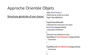 Approche Orientée Objets
Structure générale d’une classe:
class NomClasse {
//déclaration des attributs de la classe
Type1 NomAttribut1;
…
TypeN NomAttributN;
// déclaration des constructeurs de la classe
NomClasse(arguments){
//instructions d’initialisation
}
//déclaration des méthodes de la classe
TypeRetour1 NomMethode1(arguments){
//instructions
}
….
TypeRetourN NomMethodeN(arguments){
//instructions
}
}
 