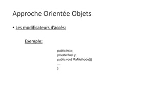 Approche Orientée Objets
• Les modificateurs d’accès:
Exemple:
 