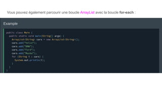 Vous pouvez également parcourir une boucle ArrayList avec la boucle for-each :
 