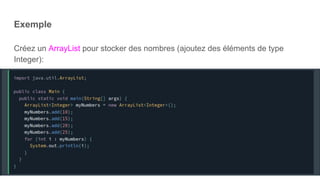Exemple
Créez un ArrayList pour stocker des nombres (ajoutez des éléments de type
Integer):
 