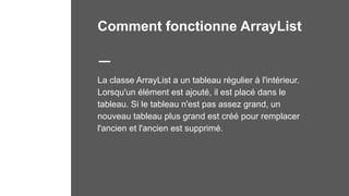 Comment fonctionne ArrayList
La classe ArrayList a un tableau régulier à l'intérieur.
Lorsqu'un élément est ajouté, il est placé dans le
tableau. Si le tableau n'est pas assez grand, un
nouveau tableau plus grand est créé pour remplacer
l'ancien et l'ancien est supprimé.
 