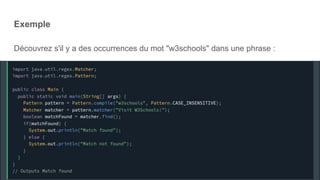 Exemple
Découvrez s'il y a des occurrences du mot "w3schools" dans une phrase :
 