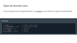 Types de données Java
Comme expliqué dans le chapitre précédent, une variable en Java doit être un type de données spécifié :
 