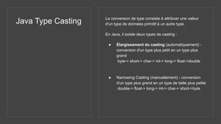 Java Type Casting La conversion de type consiste à attribuer une valeur
d'un type de données primitif à un autre type.
En Java, il existe deux types de casting :
● Élargissement du casting (automatiquement) -
conversion d'un type plus petit en un type plus
grand
byte-> short-> char-> int-> long-> float->double
● Narrowing Casting (manuellement) - conversion
d'un type plus grand en un type de taille plus petite
double-> float-> long-> int-> char-> short->byte
 
