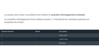 La solution pour éviter ce problème est d'utiliser le caractère d'échappement antislash .
Le caractère d'échappement barre oblique inverse (  ) transforme les caractères spéciaux en
caractères de chaîne :
 