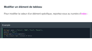 Modifier un élément de tableau
Pour modifier la valeur d'un élément spécifique, reportez-vous au numéro d'index :
 