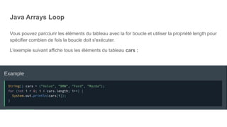 Java Arrays Loop
Vous pouvez parcourir les éléments du tableau avec la for boucle et utiliser la propriété length pour
spécifier combien de fois la boucle doit s'exécuter.
L'exemple suivant affiche tous les éléments du tableau cars :
 