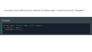 L'exemple suivant affiche tous les éléments du tableau cars , à l'aide d'une boucle " for-each " :
 