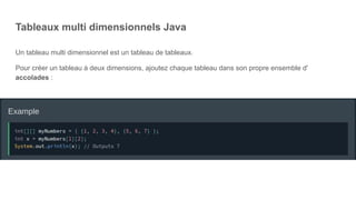 Tableaux multi dimensionnels Java
Un tableau multi dimensionnel est un tableau de tableaux.
Pour créer un tableau à deux dimensions, ajoutez chaque tableau dans son propre ensemble d'
accolades :
 