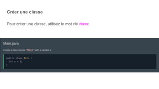 Créer une classe
Pour créer une classe, utilisez le mot clé class:
 