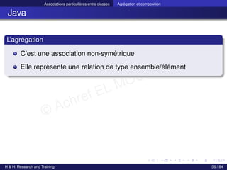 © Achref EL MOUELHI ©
Associations particulières entre classes Agrégation et composition
Java
L’agrégation
C’est une association non-symétrique
Elle représente une relation de type ensemble/élément
H & H: Research and Training 56 / 84
 