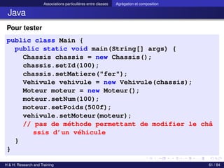 © Achref EL MOUELHI ©
Associations particulières entre classes Agrégation et composition
Java
Pour tester
public class Main {
public static void main(String[] args) {
Chassis chassis = new Chassis();
chassis.setId(100);
chassis.setMatiere("fer");
Vehivule vehivule = new Vehivule(chassis);
Moteur moteur = new Moteur();
moteur.setNum(100);
moteur.setPoids(500f);
vehivule.setMoteur(moteur);
// pas de méthode permettant de modifier le châ
ssis d’un véhicule
}
}
H & H: Research and Training 61 / 84
 