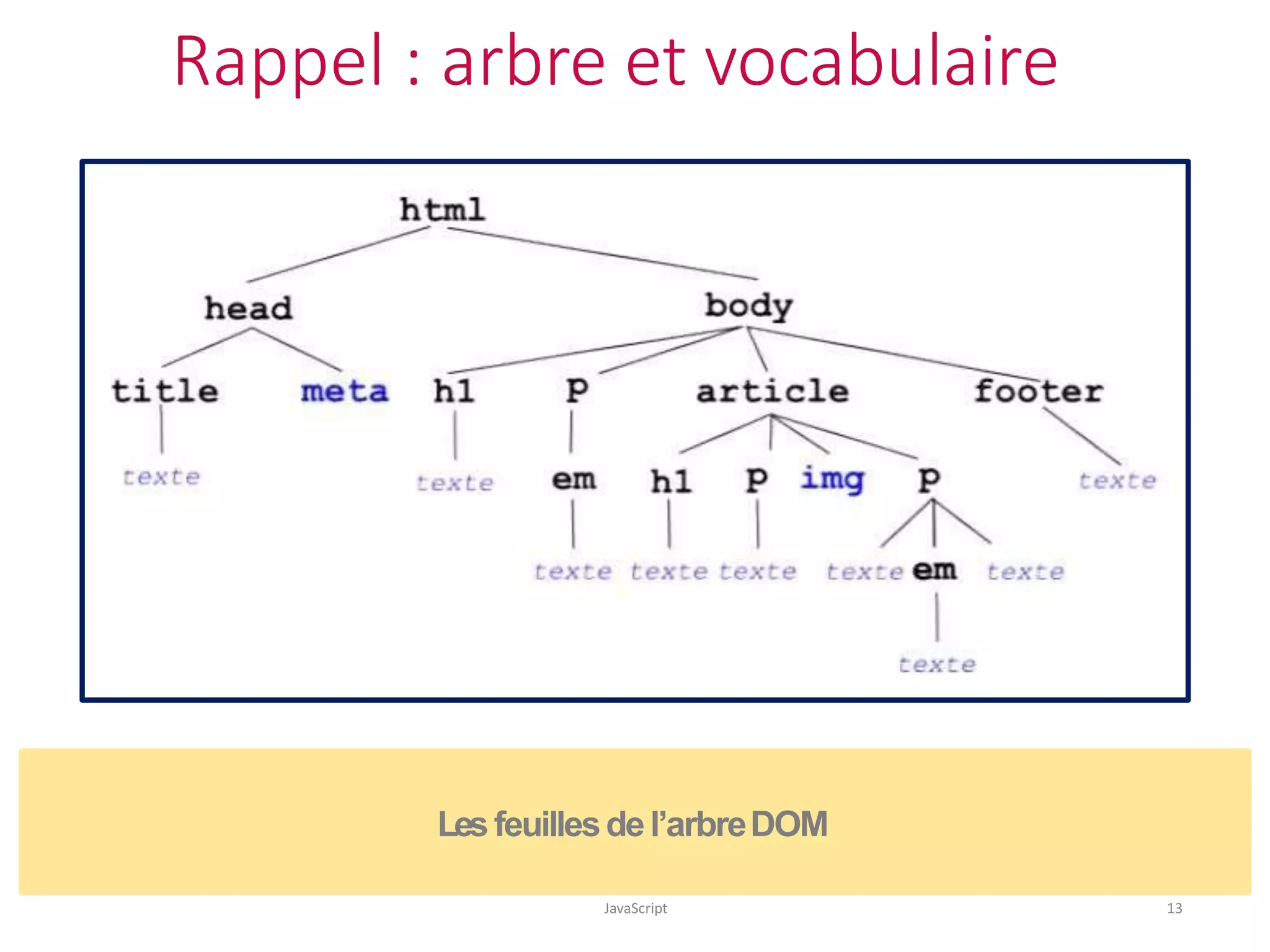 Rappel : arbre et vocabulaire
JavaScript 13
Les feuillesde l’arbreDOM
 