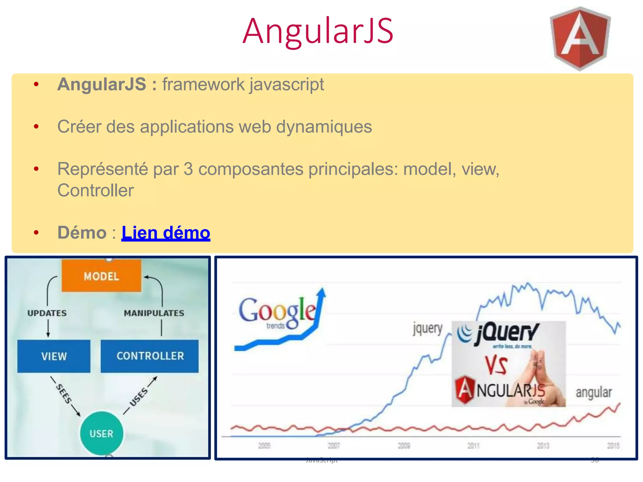 AngularJS
JavaScript 56
• AngularJS : framework javascript
• Créer des applications web dynamiques
• Représenté par 3 composantes principales: model, view,
Controller
• Démo : Lien démo
 