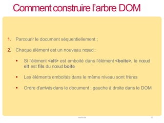Commentconstruirel’arbre DOM
JavaScript 16
1. Parcourir le document séquentiellement ;
2. Chaque élément est un nouveau nœud :
 Si l’élément <elt> est emboité dans l’élément <boite>, le nœud
elt est fils du nœud boite
 Les éléments emboités dans le même niveau sont frères
 Ordre d’arrivés dans le document : gauche à droite dans le DOM
 