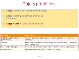Objets prédéfinis
JavaScript 38
• L’objet« Math » : utilitaires mathématiques
• L’objet« String » : gère les chaines de
caractères
• L’objet« Date » : gère la date et heure
 