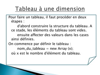 Pour faire un tableau, il faut procéder en deux
étapes :
d'abord construire la structure du tableau. A
ce stade, les éléments du tableau sont vides.
ensuite affecter des valeurs dans les cases
ainsi définies.
On commence par définir le tableau :
nom_du_tableau = new Array (x);
où x est le nombre d'élément du tableau.
 